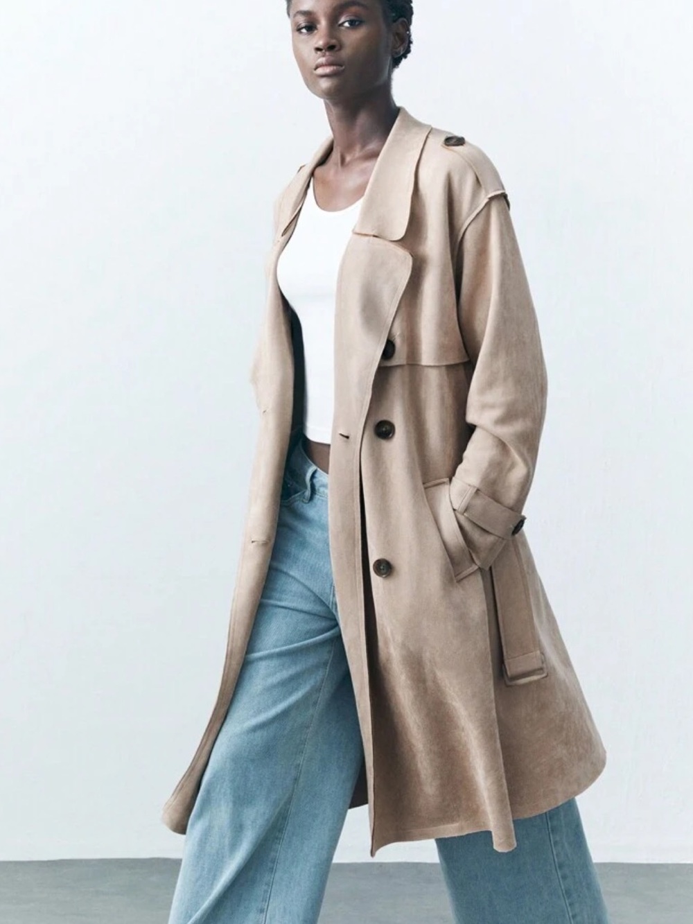 Faux suede Beige cream light tan Trench Coat - Picture 1 of 7